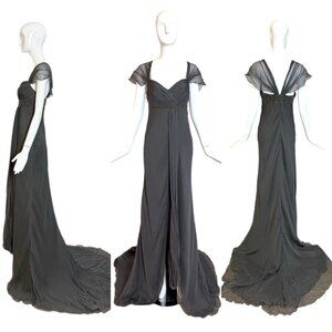 J. MENDEL Vintage Grey Silk Evening Gown w. Long Train bead slit maxi dress